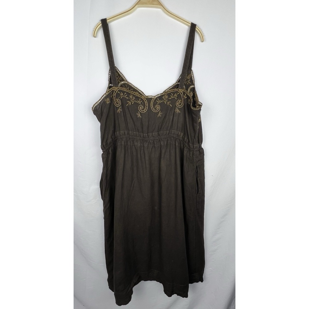 J.CREW Brown 100% Linen Embroidered Slip Dress Women 16 Boho Peasant Pockets - Picture 6 of 14